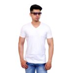 Solid Men V Neck White Short Sleeve T-Shirt - Faricon